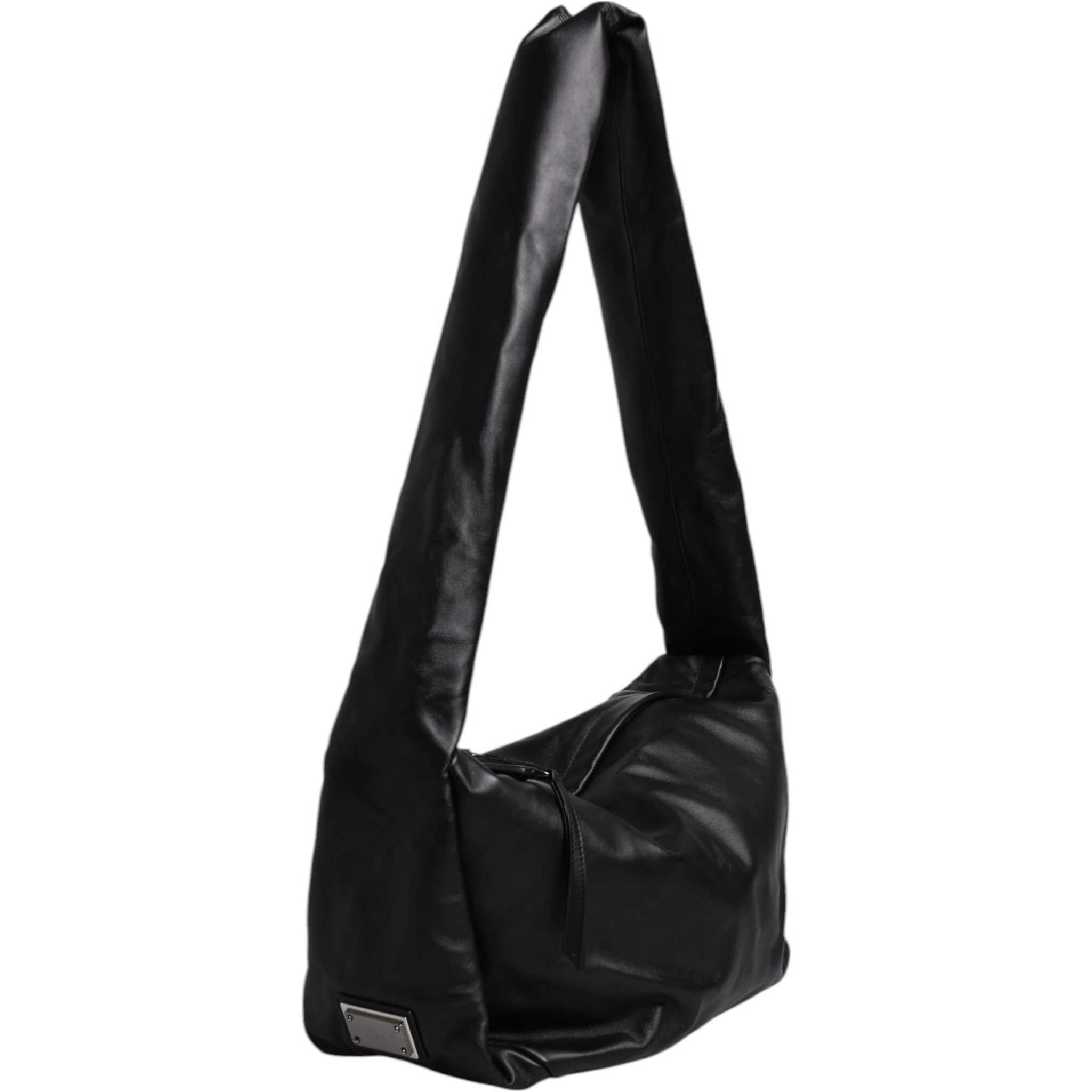 Black Leather Logo Plaque Shoulder Bag