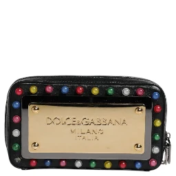 Black Leather LED Logo Wrist Strap Clutch Bag