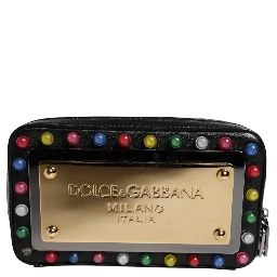 Black Leather LED Logo Wrist Strap Clutch Bag