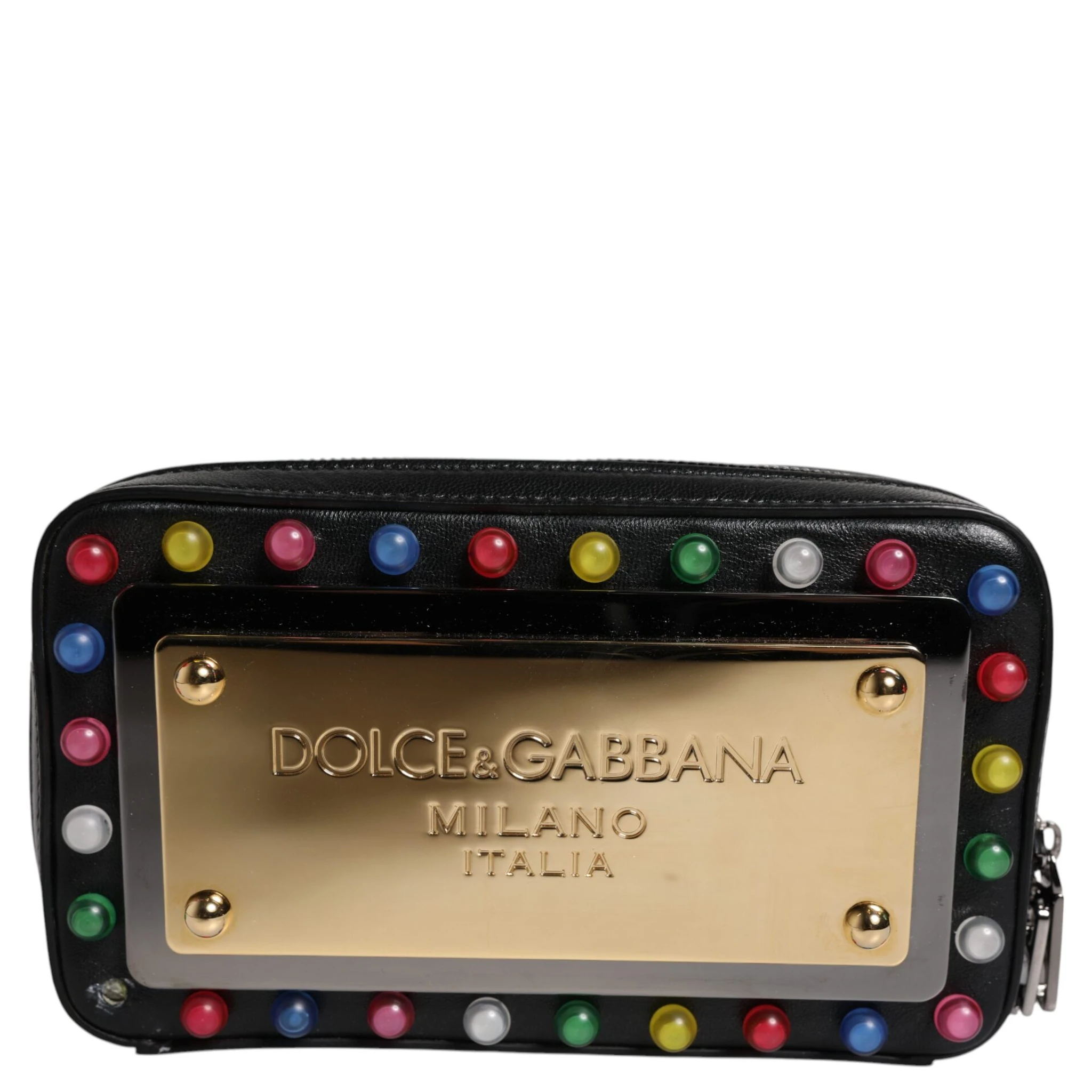 Black Leather LED Logo Wrist Strap Clutch Bag