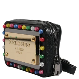 Black Leather LED Logo Wrist Strap Clutch Bag