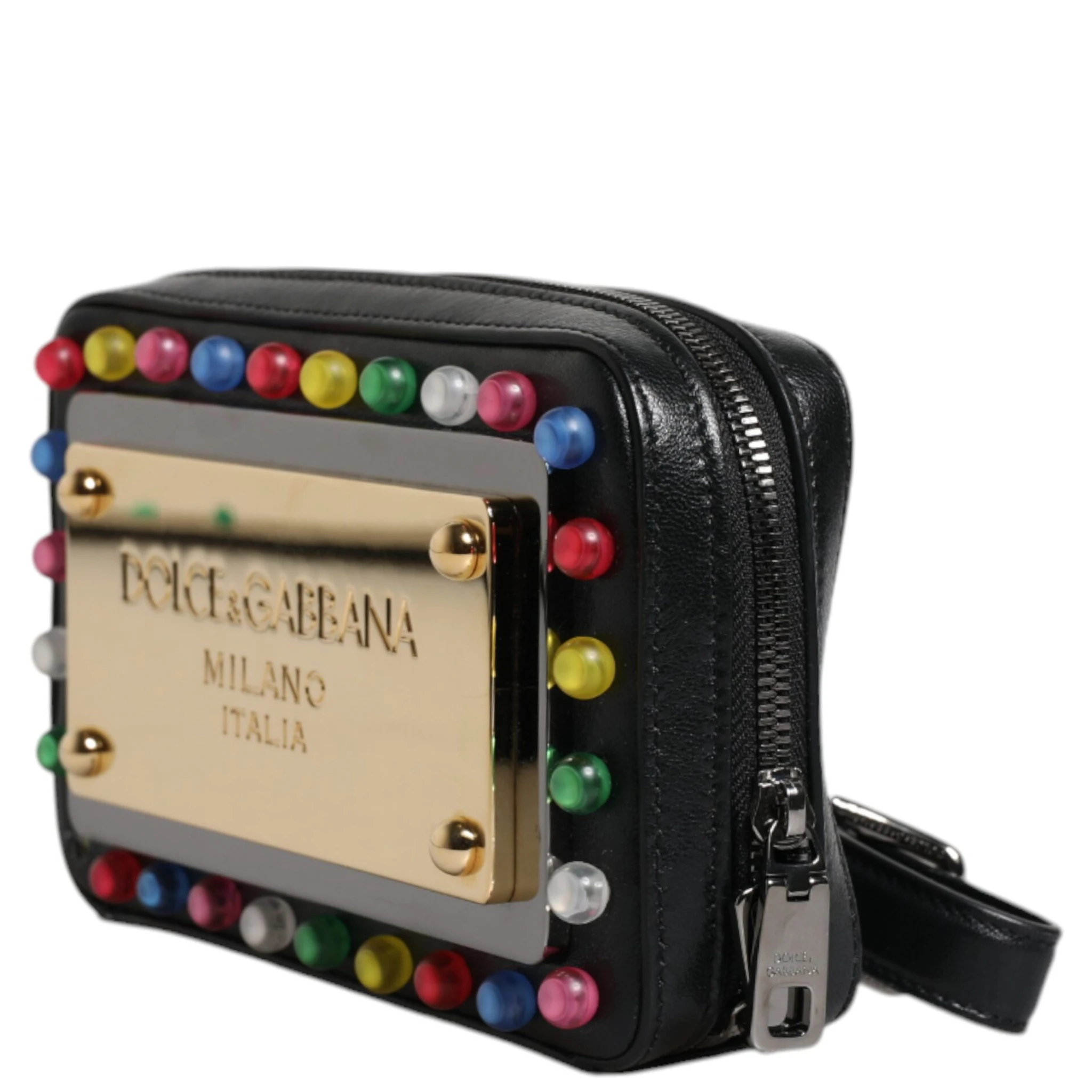 Black Leather LED Logo Wrist Strap Clutch Bag
