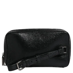 Black Leather LED Logo Wrist Strap Clutch Bag