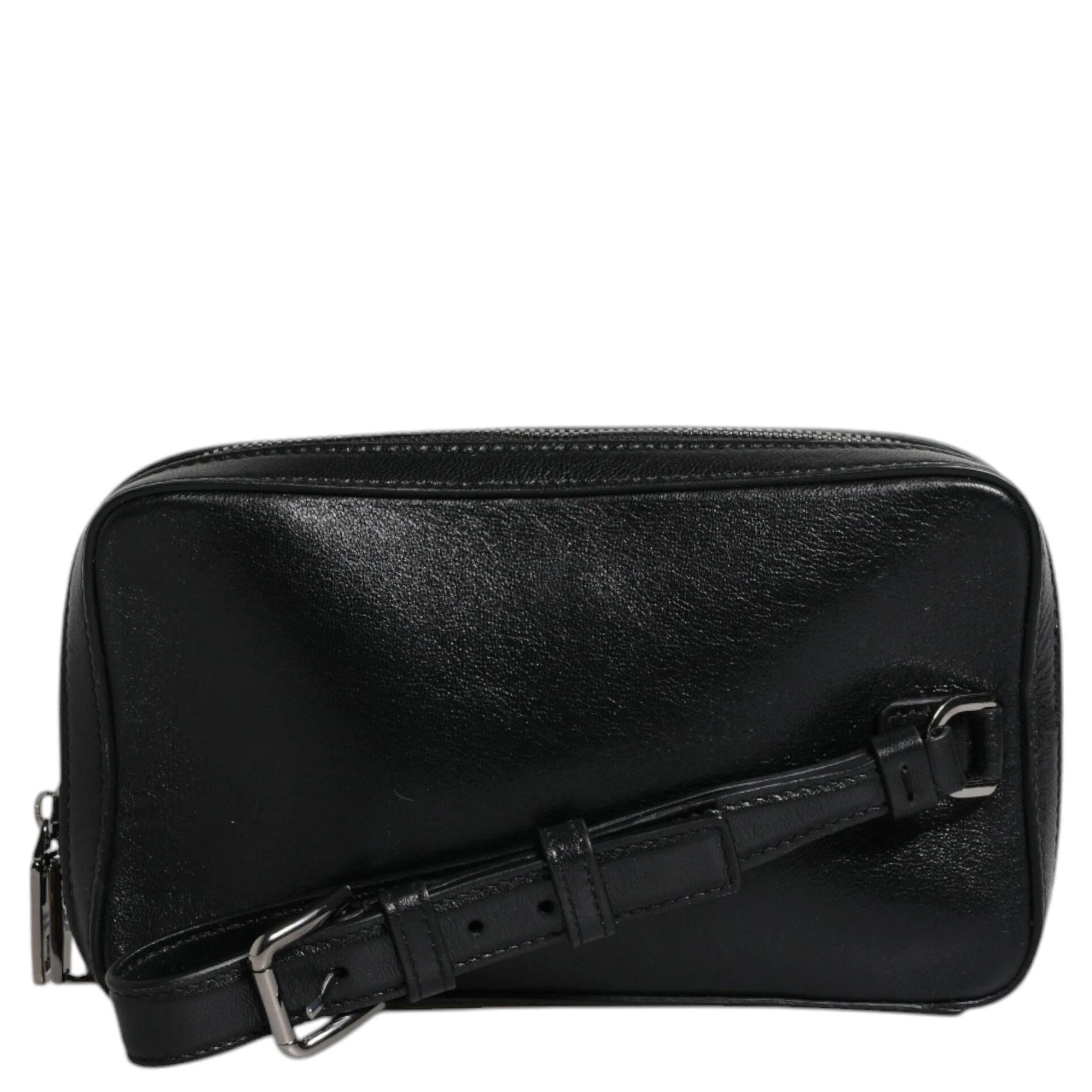 Black Leather LED Logo Wrist Strap Clutch Bag