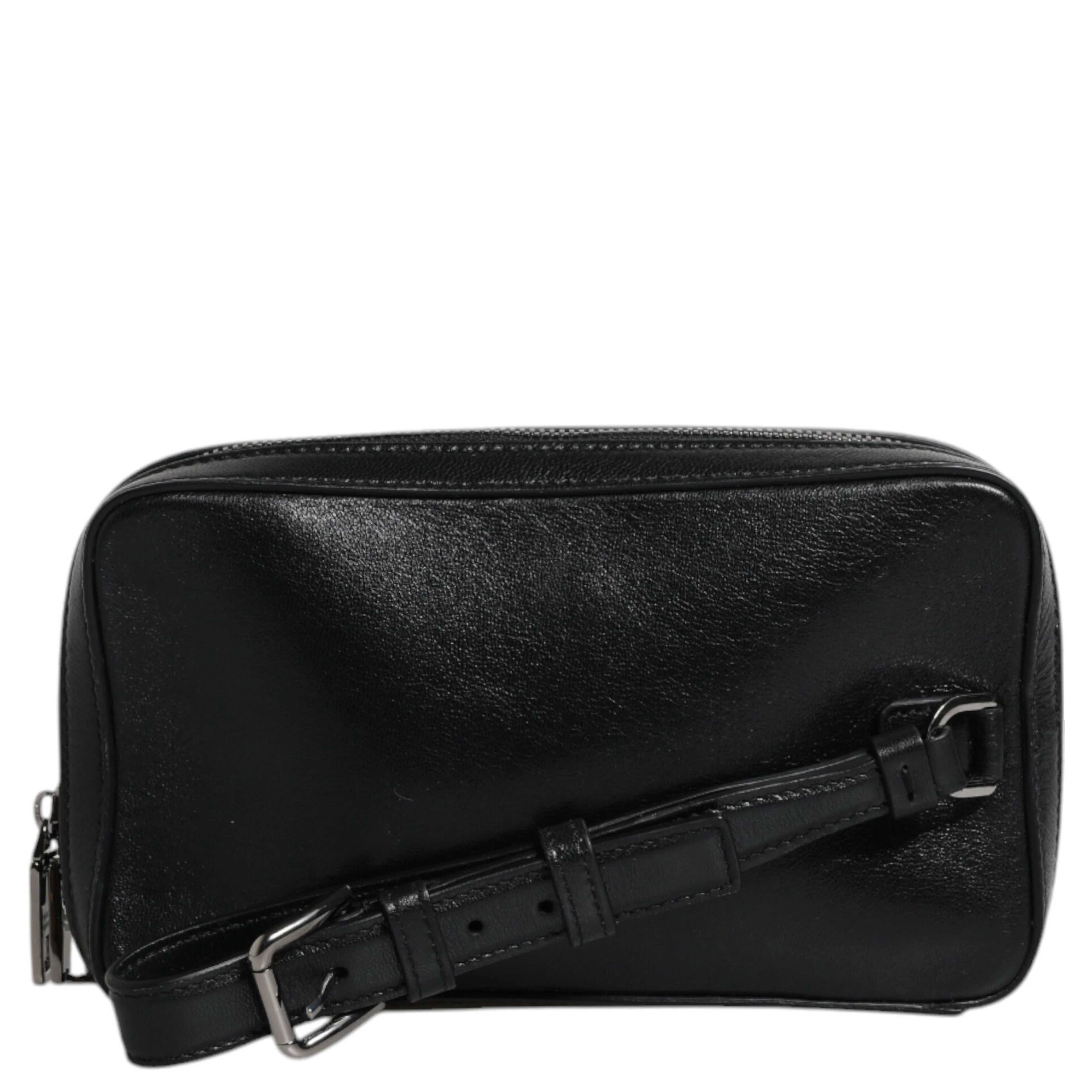Black Leather LED Logo Wrist Strap Clutch Bag