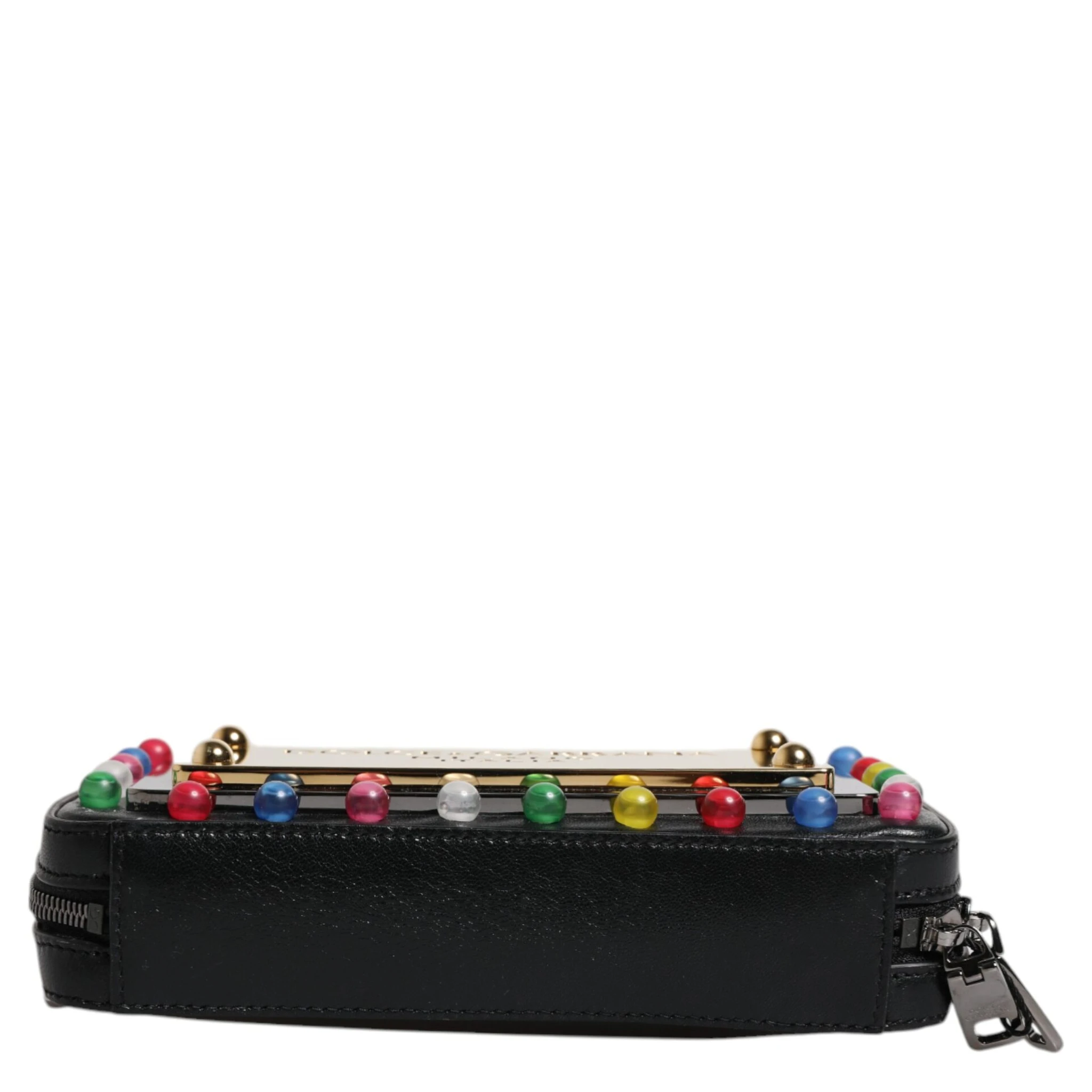 Black Leather LED Logo Wrist Strap Clutch Bag
