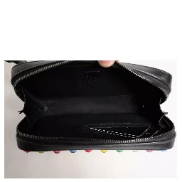 Black Leather LED Logo Wrist Strap Clutch Bag