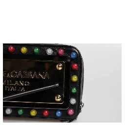 Black Leather LED Logo Wrist Strap Clutch Bag