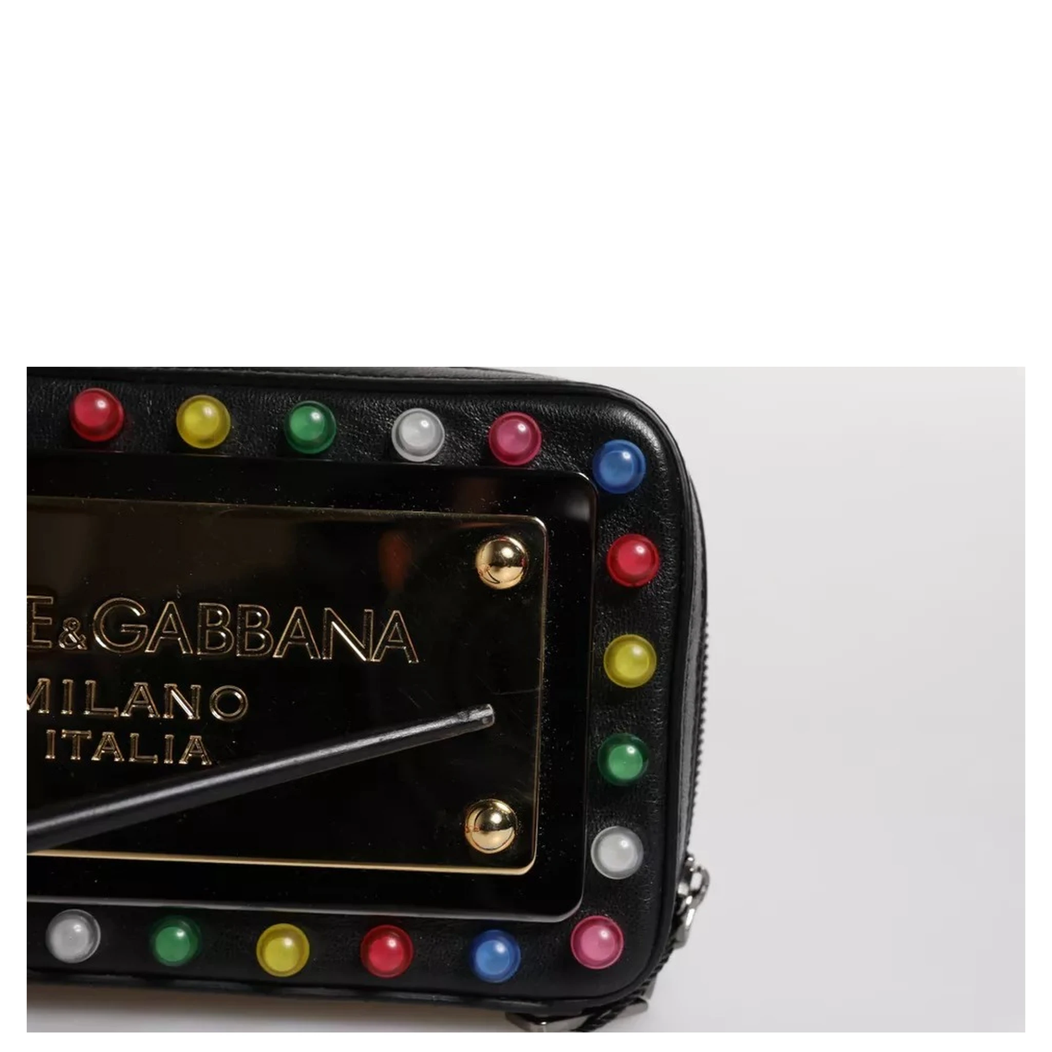 Black Leather LED Logo Wrist Strap Clutch Bag