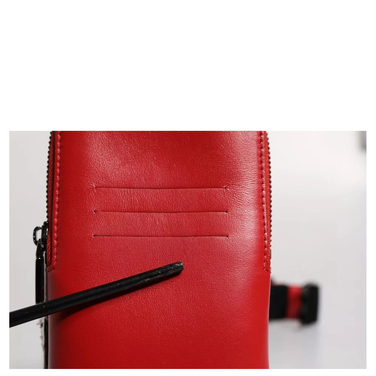 Red Leather Logo Zip Around Card Holder Wide Strap Wallet