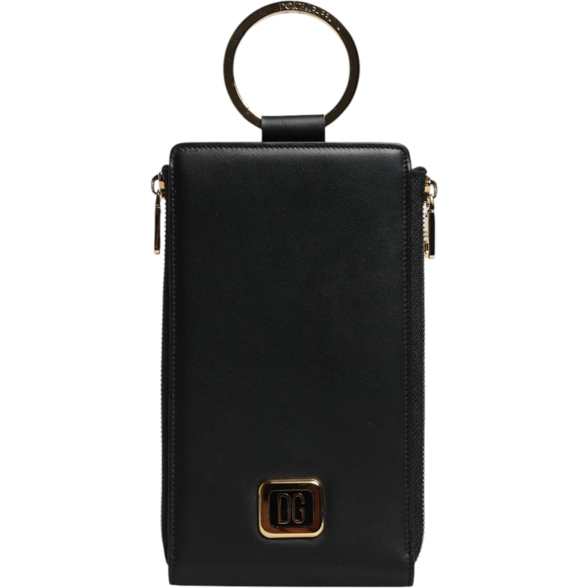 Black Leather Logo Plaque Neck Strap Card Coin Wallet