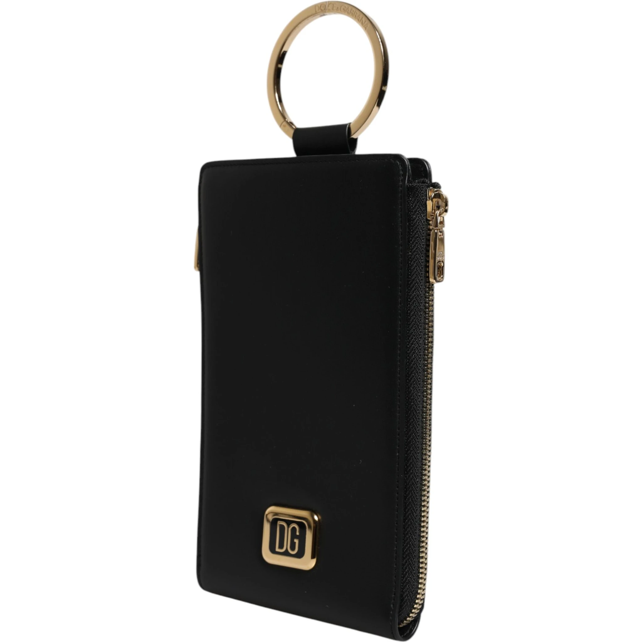 Black Leather Logo Plaque Neck Strap Card Coin Wallet