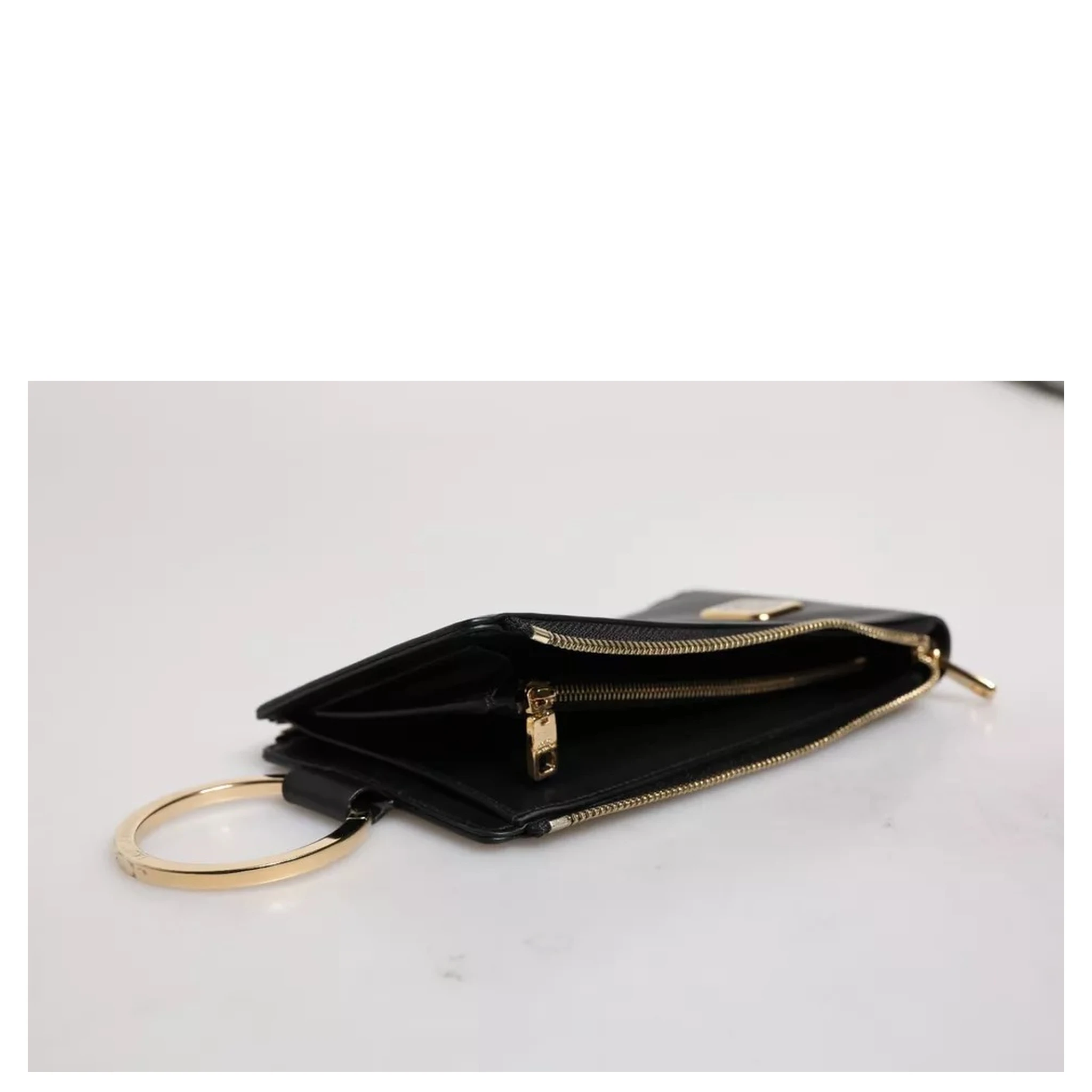 Black Leather Logo Plaque Neck Strap Card Coin Wallet