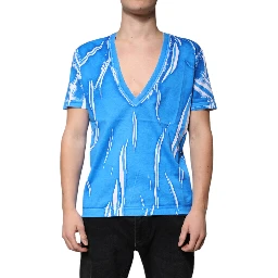 Blue Cotton V-neck Short Sleeves T-shirt