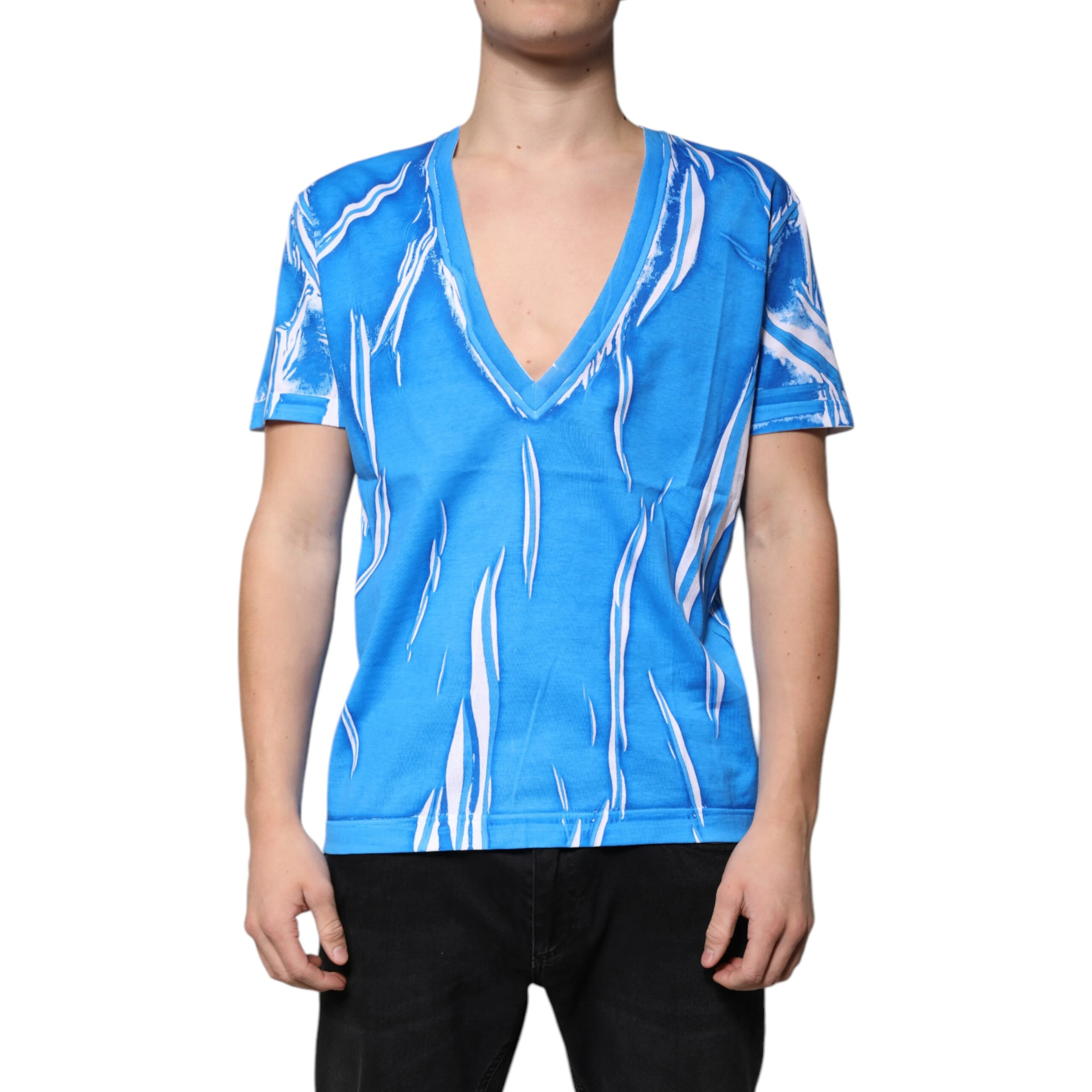 Blue Cotton V-neck Short Sleeves T-shirt