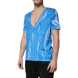 Blue Cotton V-neck Short Sleeves T-shirt
