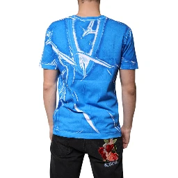 Blue Cotton V-neck Short Sleeves T-shirt