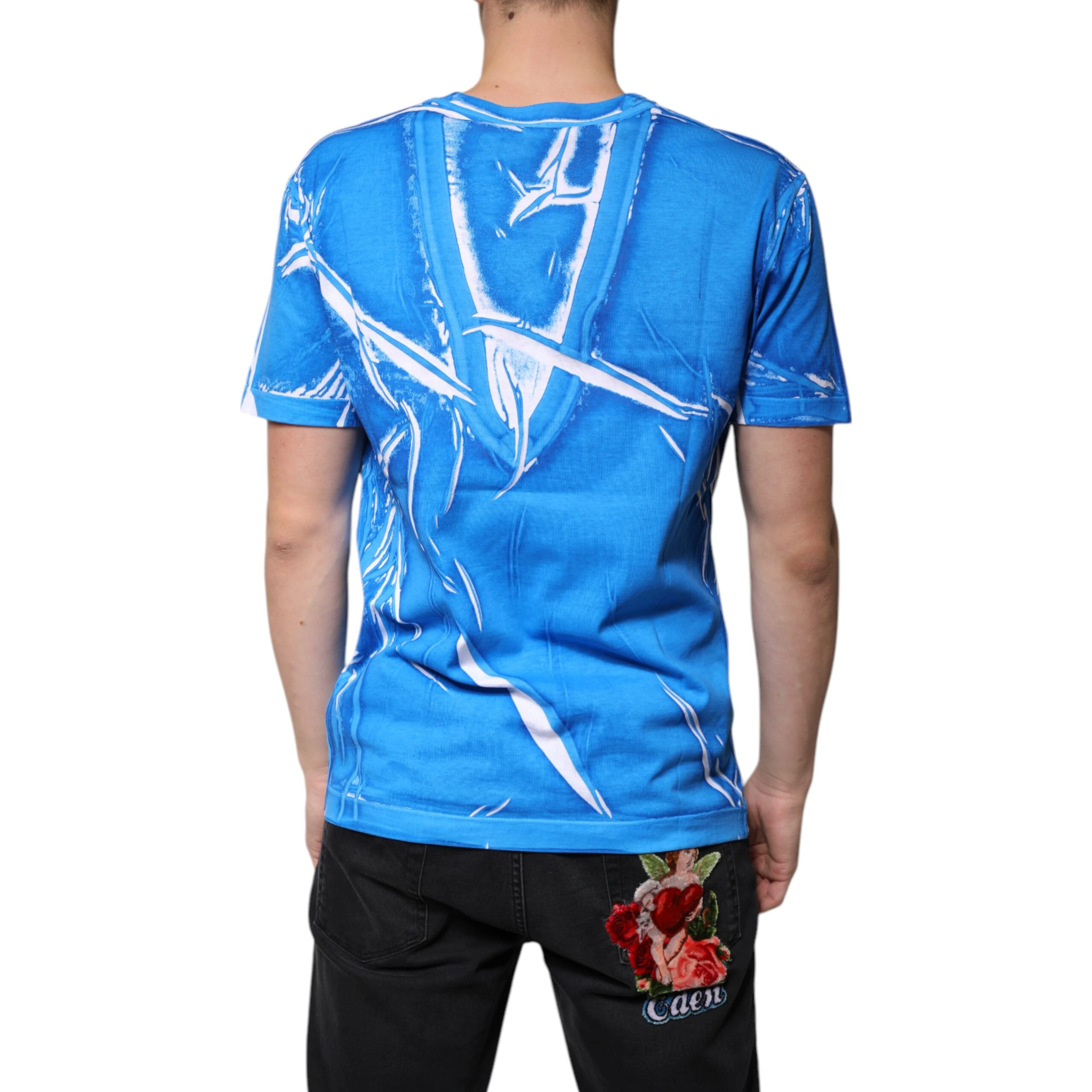Blue Cotton V-neck Short Sleeves T-shirt