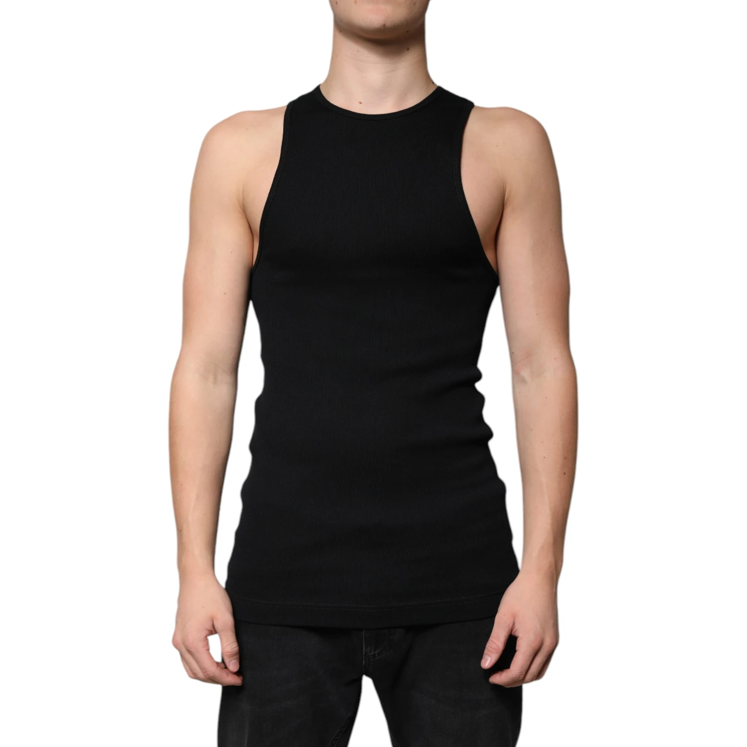 Black Cotton Sleeveless Round Neck Tank T-shirt