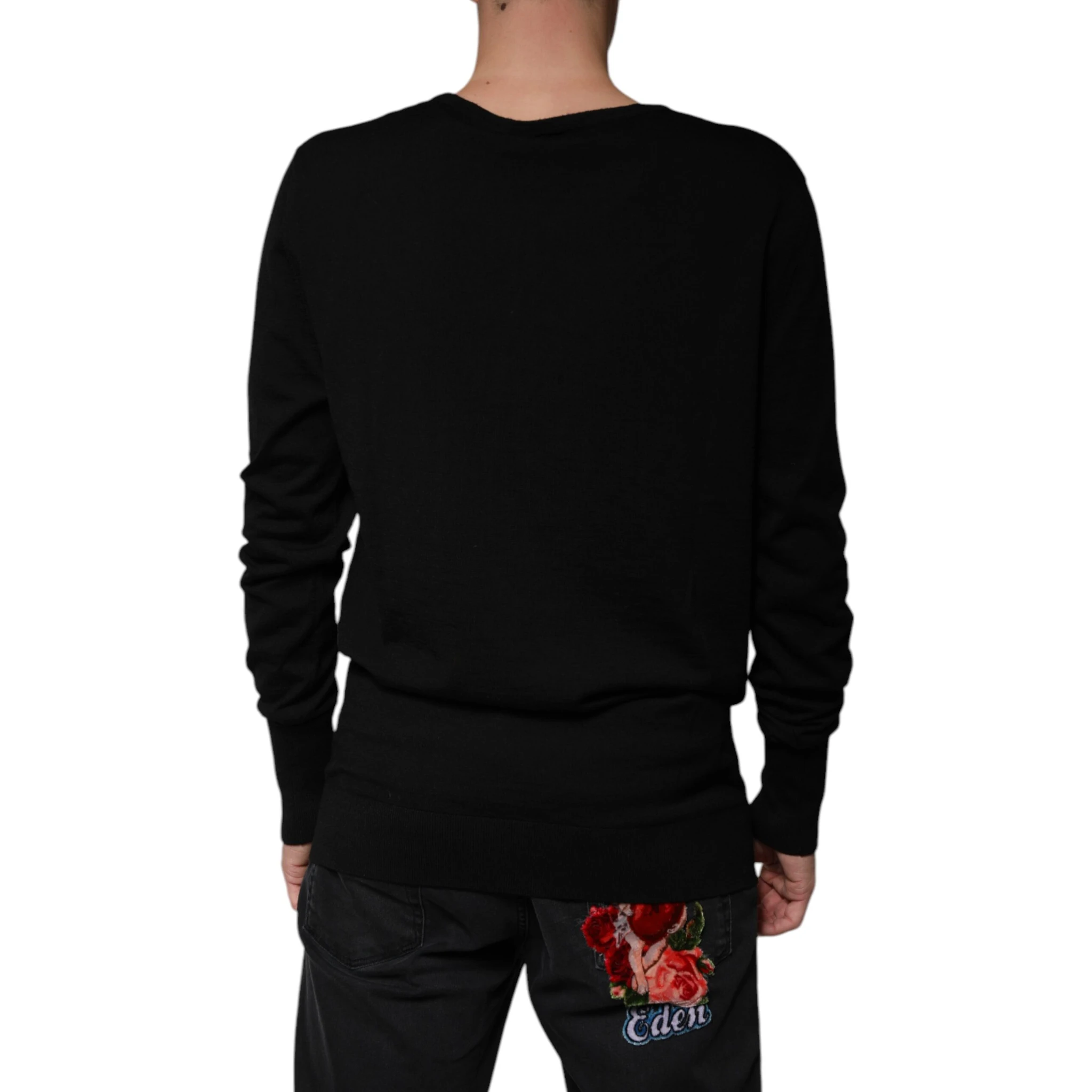 Black Wool Round Neck Pullover Sweater