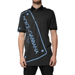 Black Logo Print Collared Cotton Polo T-shirt
