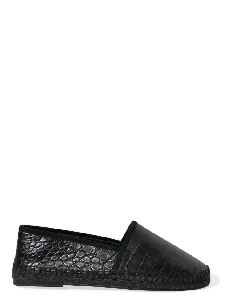 Black Exotic Leather Espadrilles Slip On Shoes