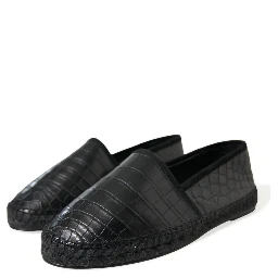 Black Exotic Leather Espadrilles Slip On Shoes