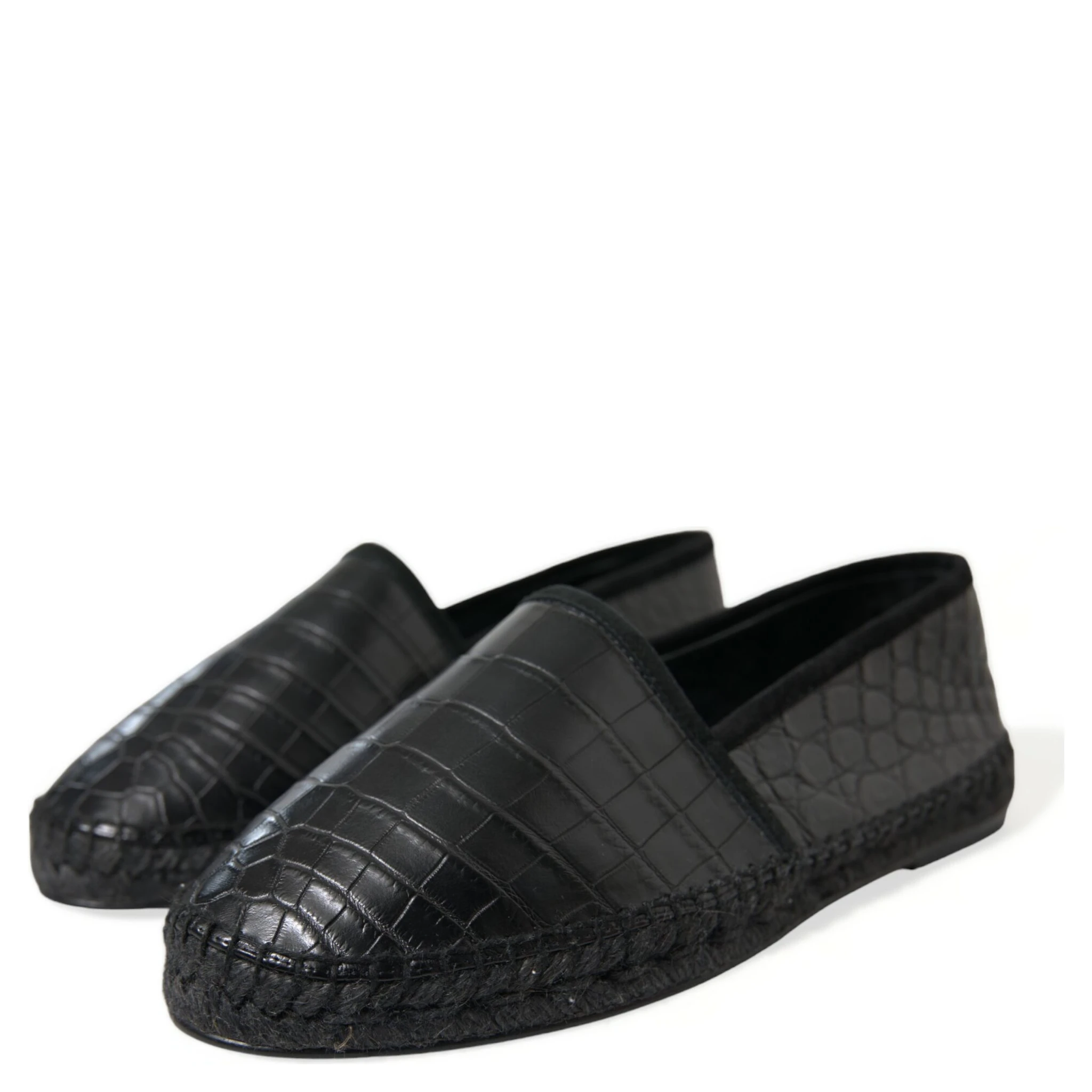 Black Exotic Leather Espadrilles Slip On Shoes