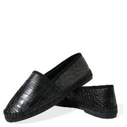 Black Exotic Leather Espadrilles Slip On Shoes