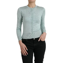 Light Blue Silk Crew Neck Cardigan Sweater