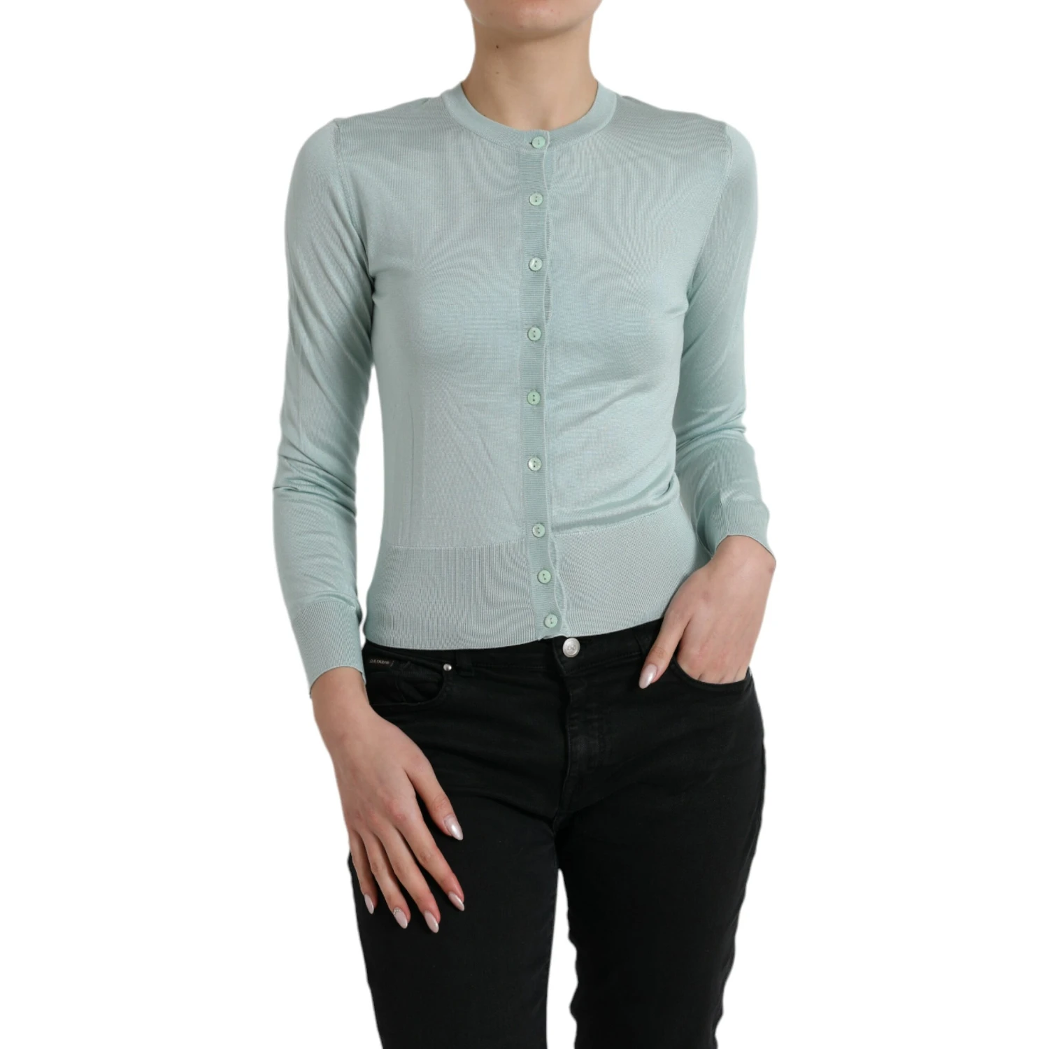 Light Blue Silk Crew Neck Cardigan Sweater