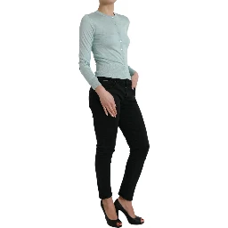 Light Blue Silk Crew Neck Cardigan Sweater
