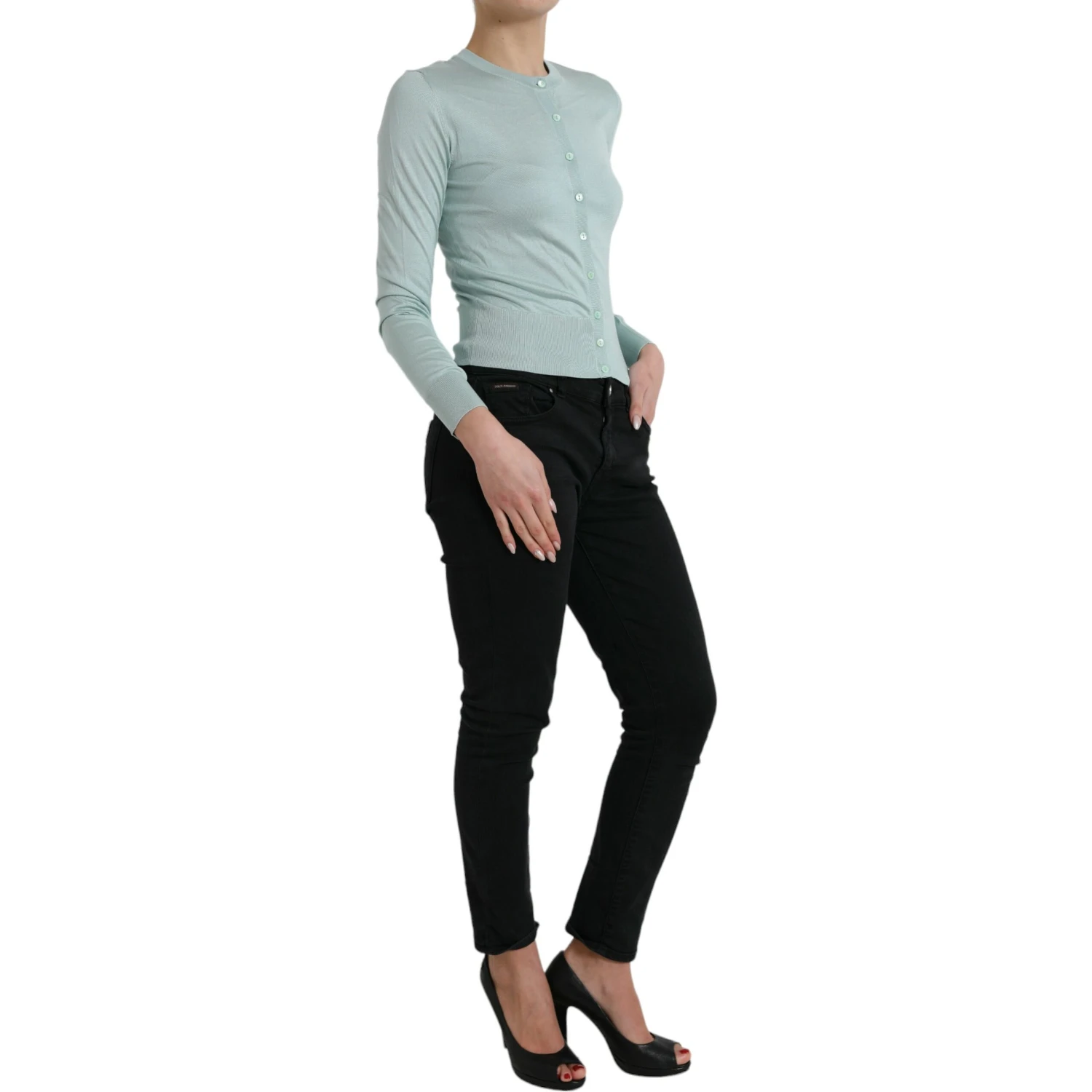 Light Blue Silk Crew Neck Cardigan Sweater