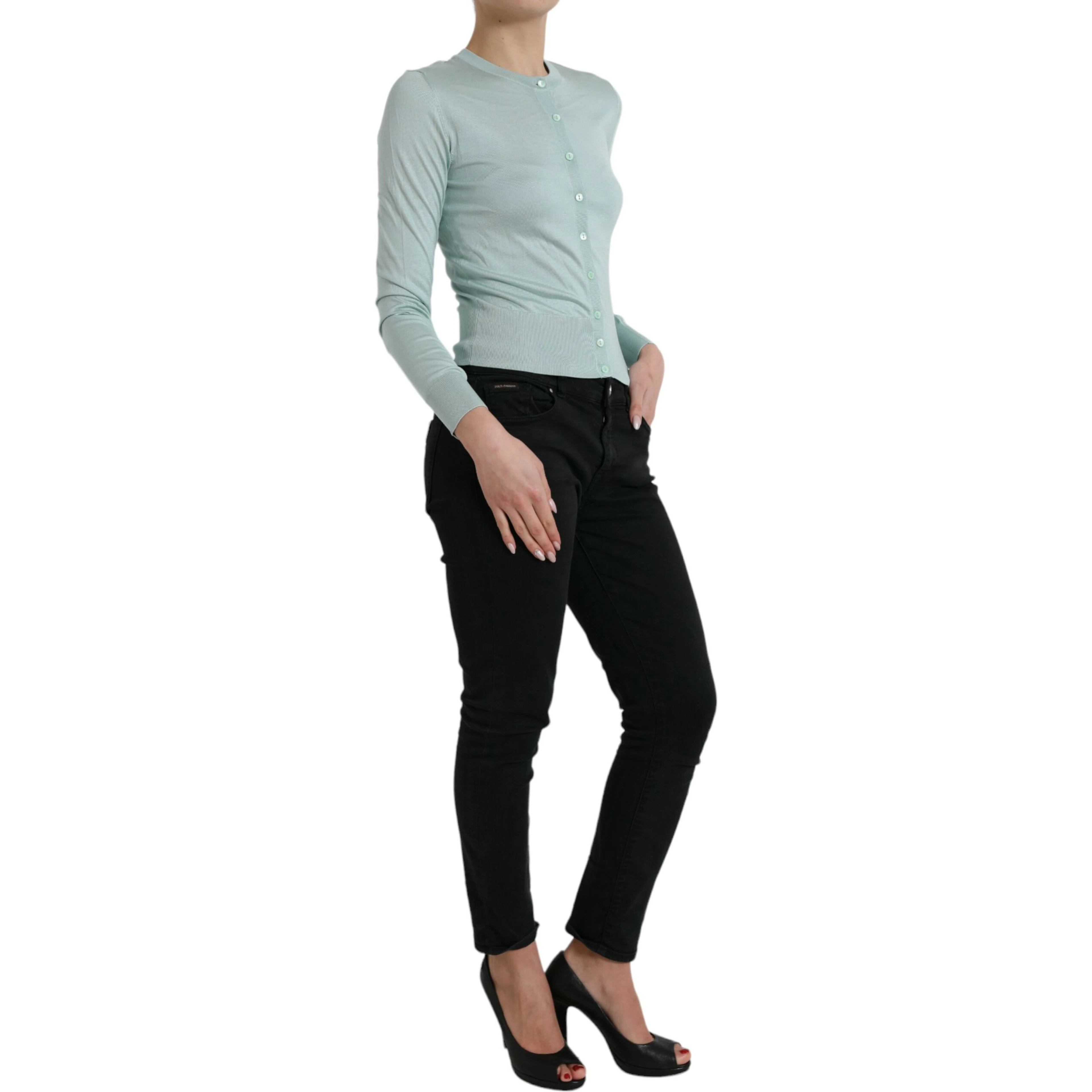 Light Blue Silk Crew Neck Cardigan Sweater