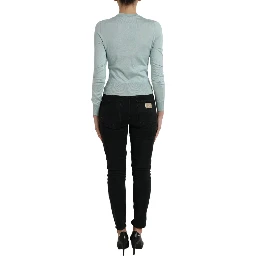 Light Blue Silk Crew Neck Cardigan Sweater