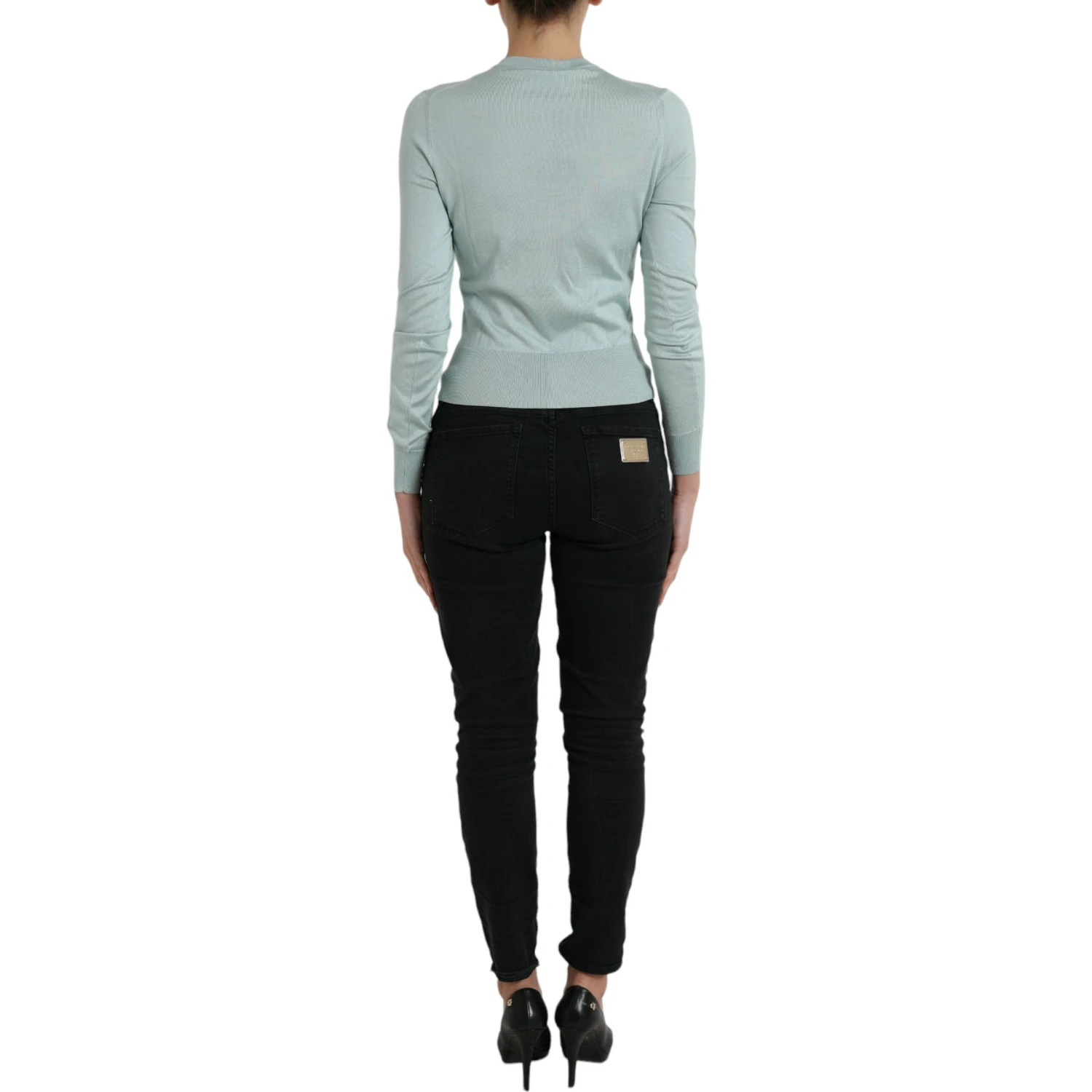 Light Blue Silk Crew Neck Cardigan Sweater
