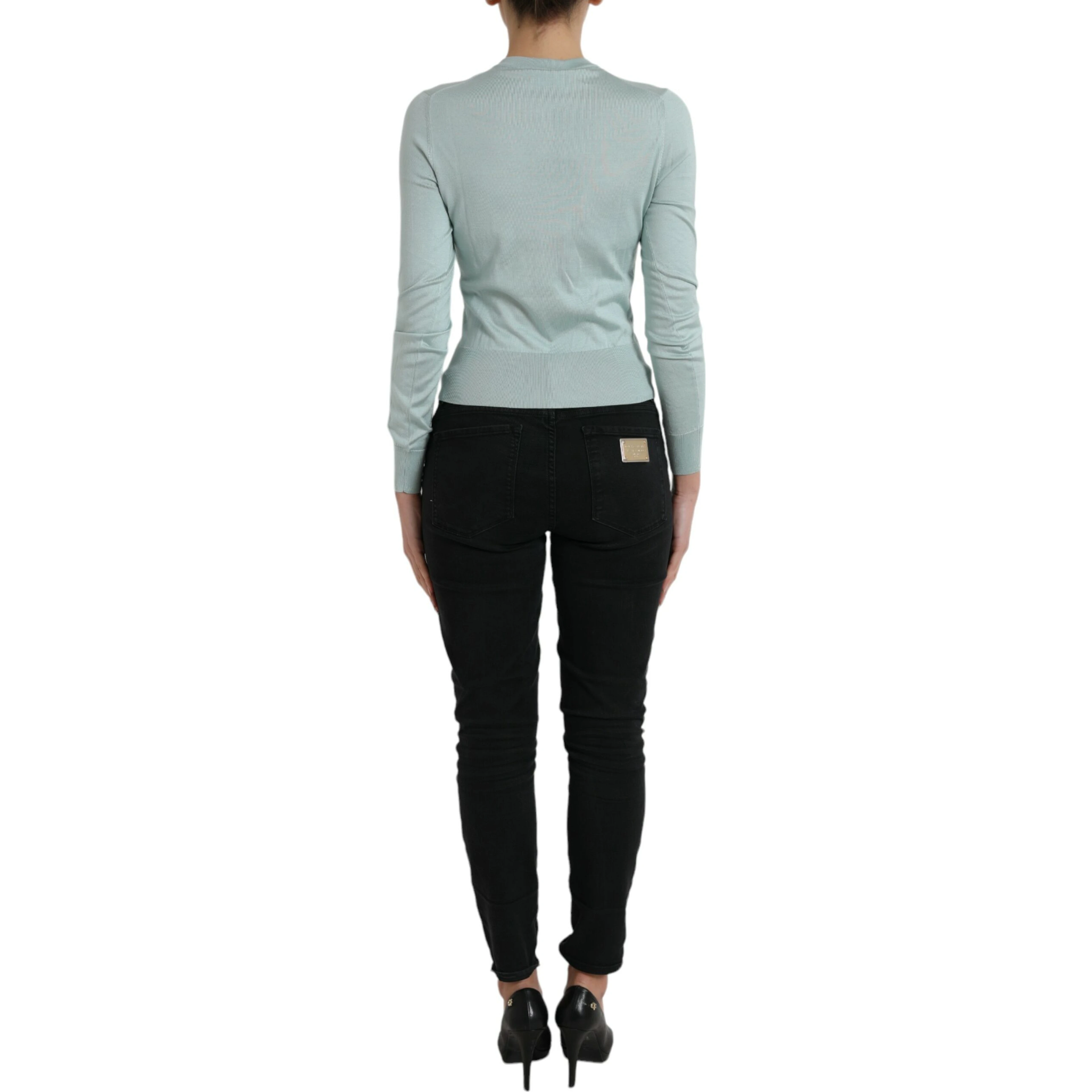 Light Blue Silk Crew Neck Cardigan Sweater