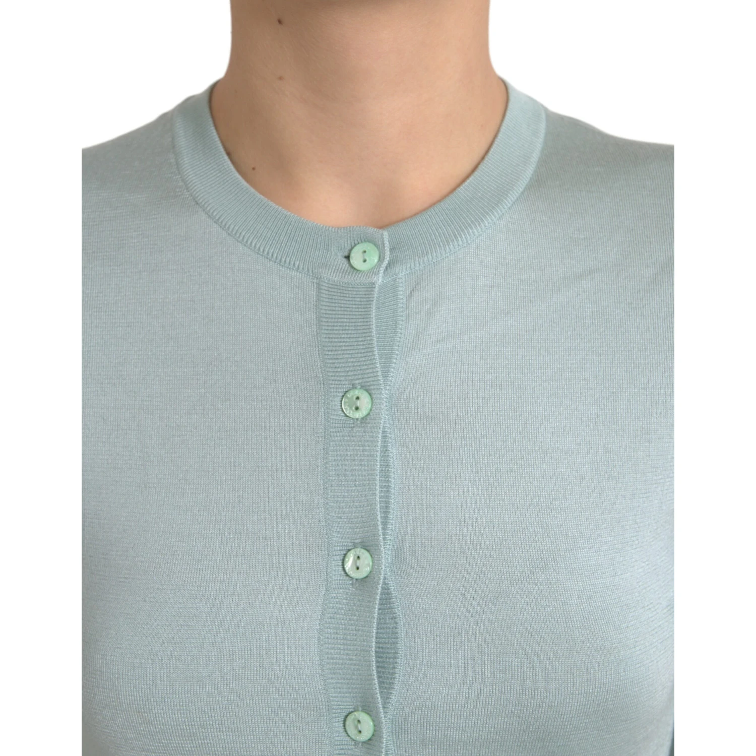 Light Blue Silk Crew Neck Cardigan Sweater