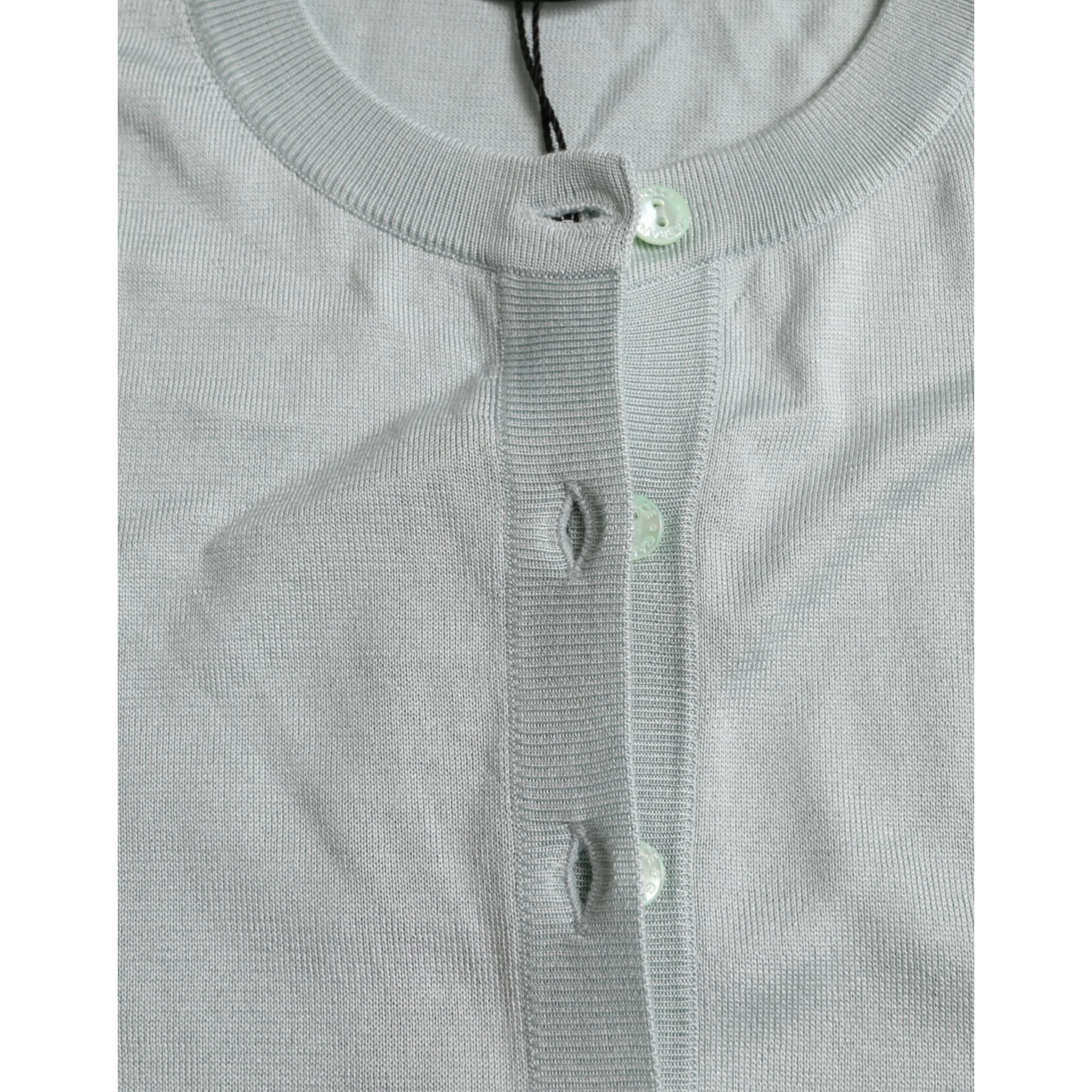 Light Blue Silk Crew Neck Cardigan Sweater