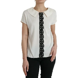 Off White Silk Lace Trim Short Sleeves Top