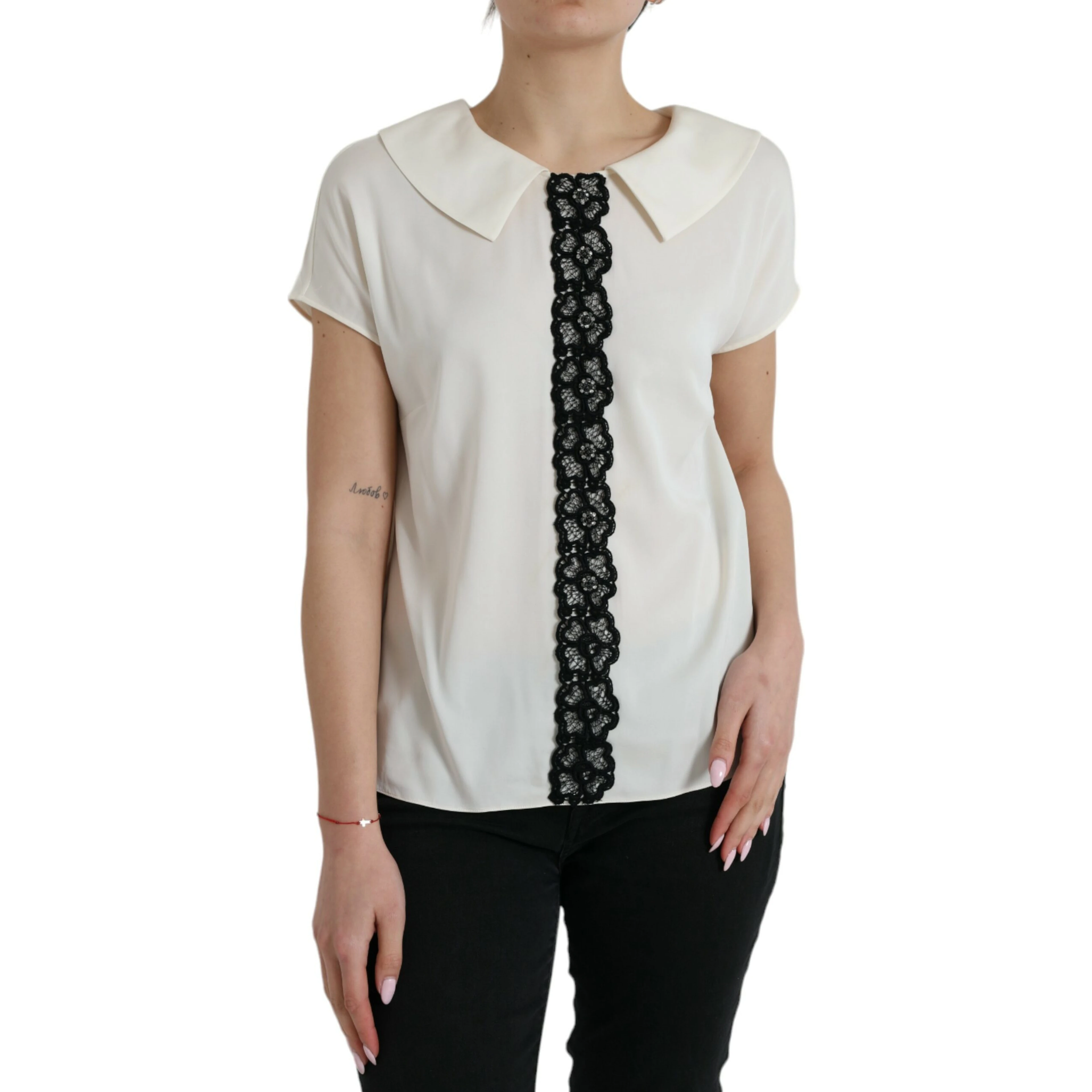 Off White Silk Lace Trim Short Sleeves Top