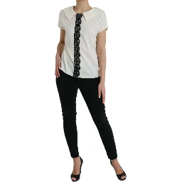 Off White Silk Lace Trim Short Sleeves Top