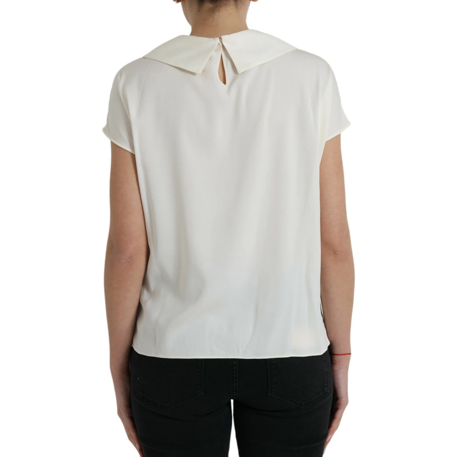 Off White Silk Lace Trim Short Sleeves Top