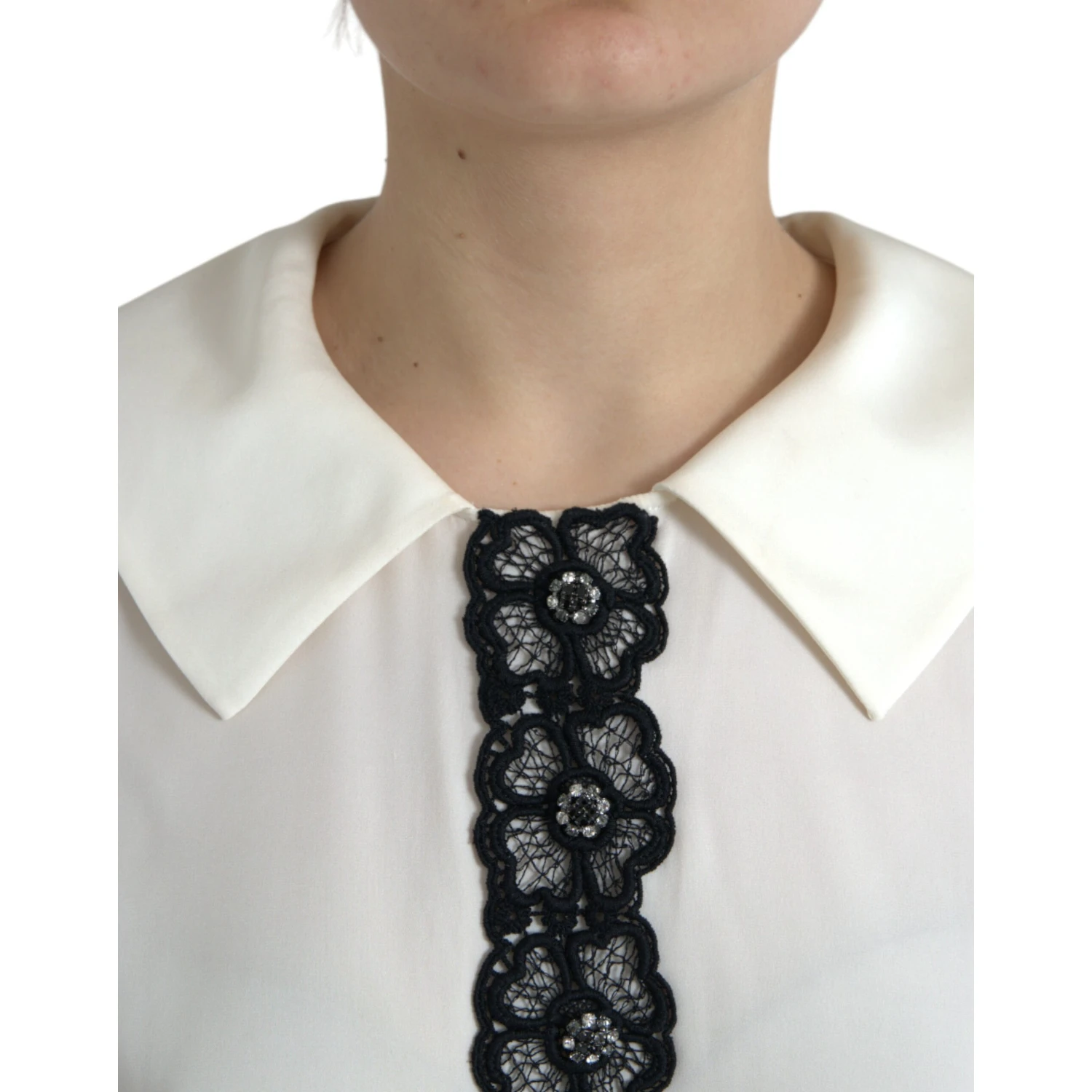 Off White Silk Lace Trim Short Sleeves Top