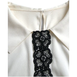 Off White Silk Lace Trim Short Sleeves Top