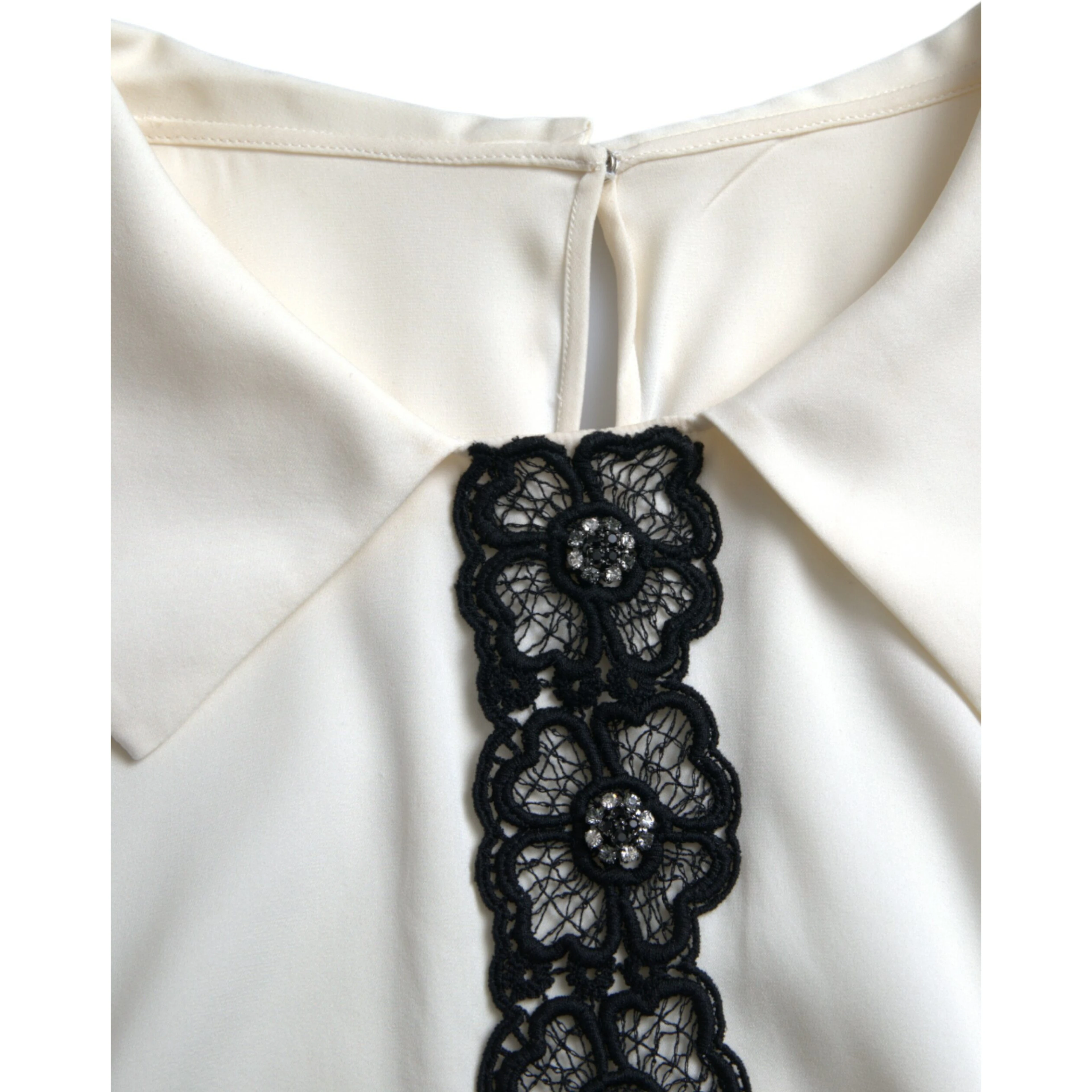 Off White Silk Lace Trim Short Sleeves Top