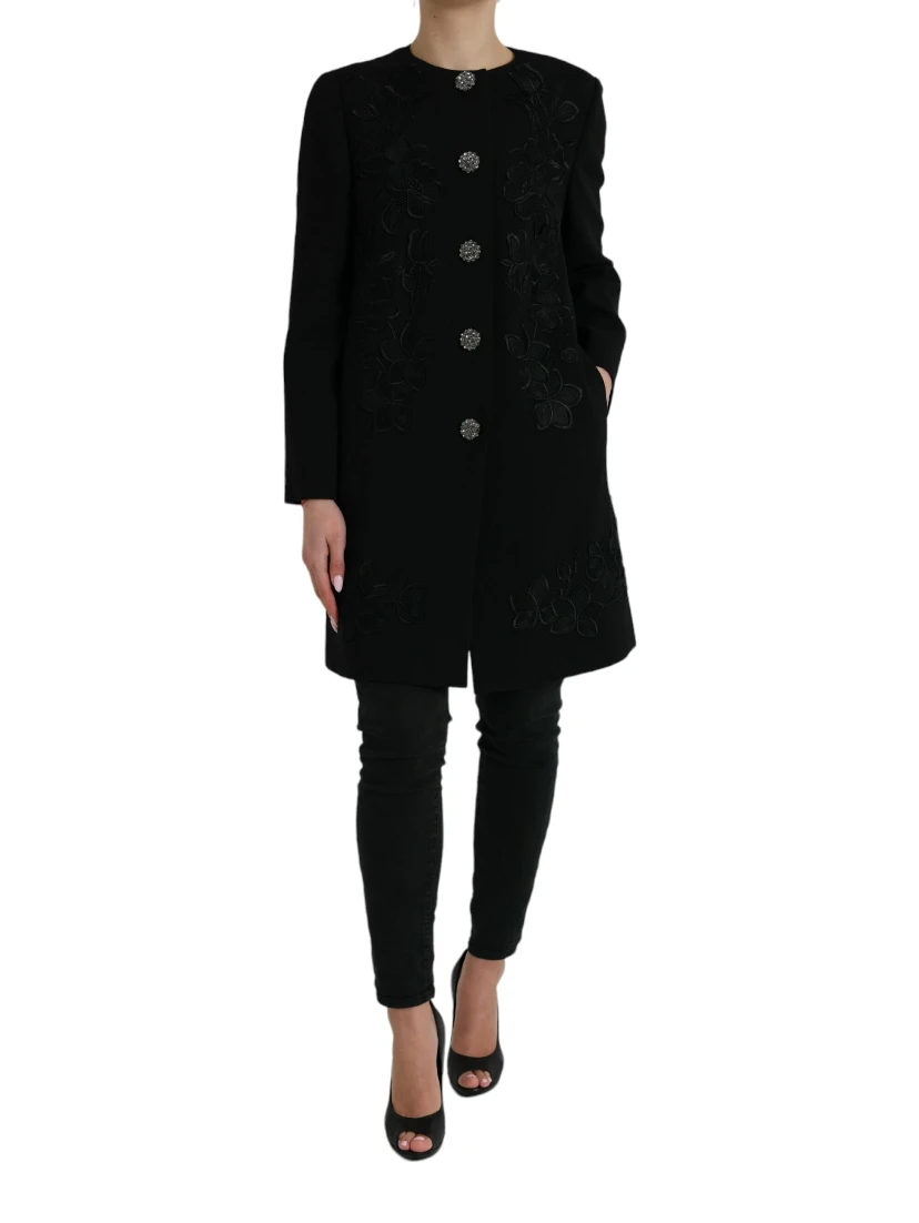 Black Floral Wool Button Embellished Jacket