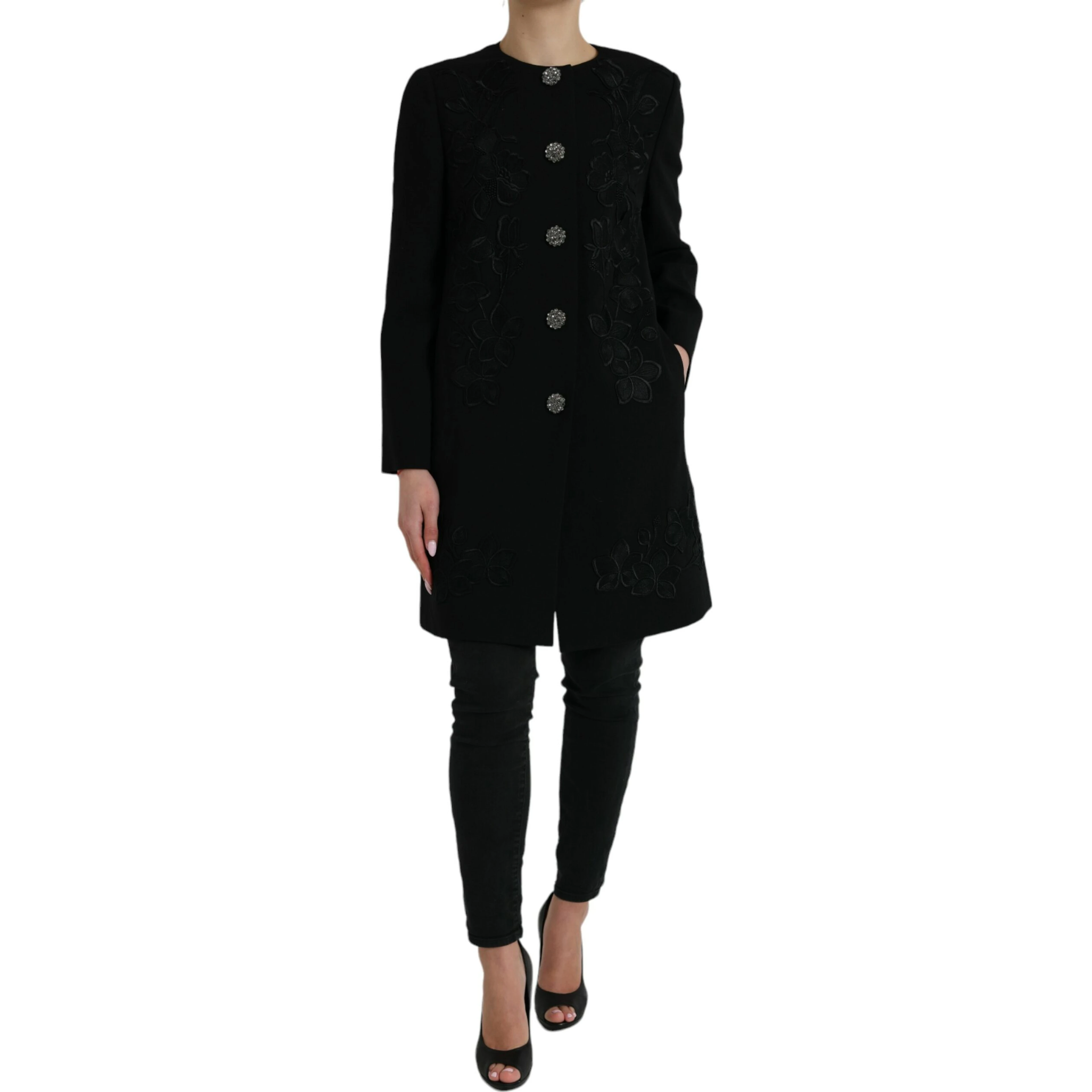 Black Floral Wool Button Embellished Jacket