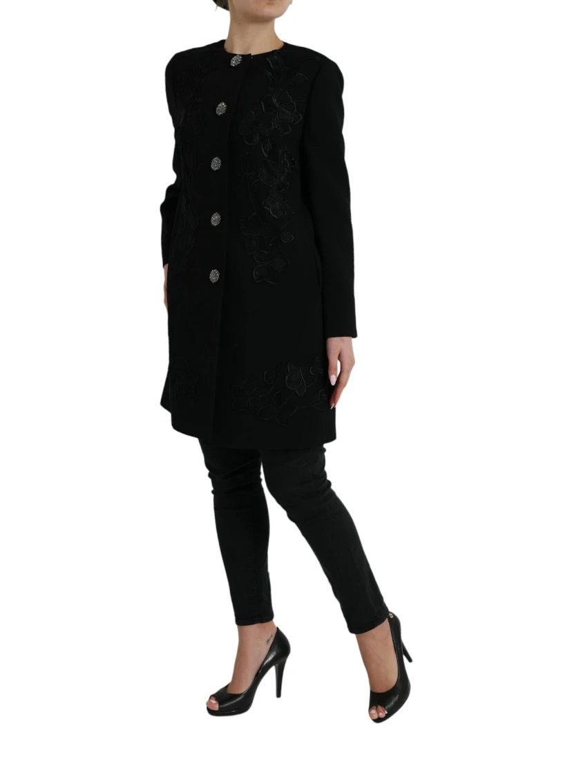 Black Floral Wool Button Embellished Jacket