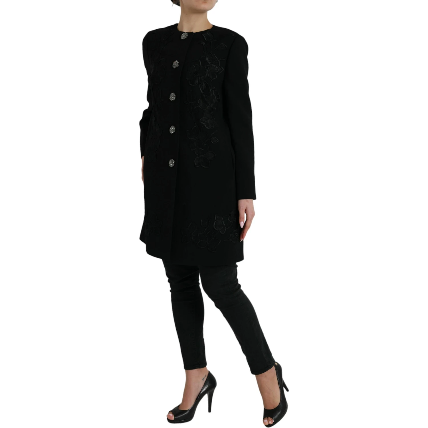Black Floral Wool Button Embellished Jacket